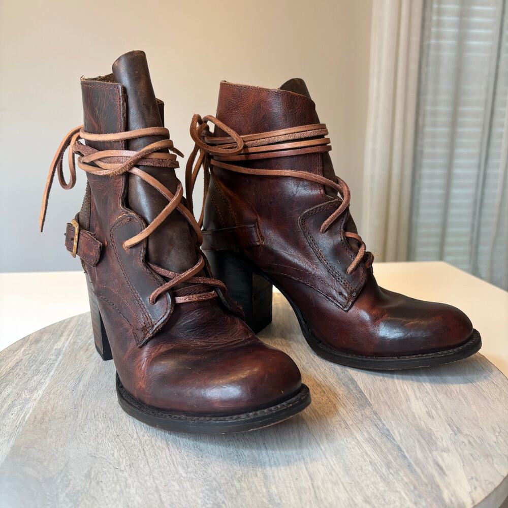 Freebird Billy Brown Leather Lace Up Ankle Boots Women's Sz 9 Block Heel Boho